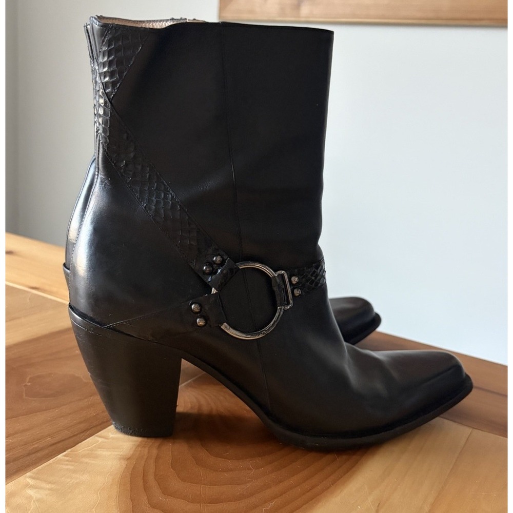 VTG Cole Haan Sz 9 Black Square Pointed Toe Heel Witchy Snakeskin Leather Bootie